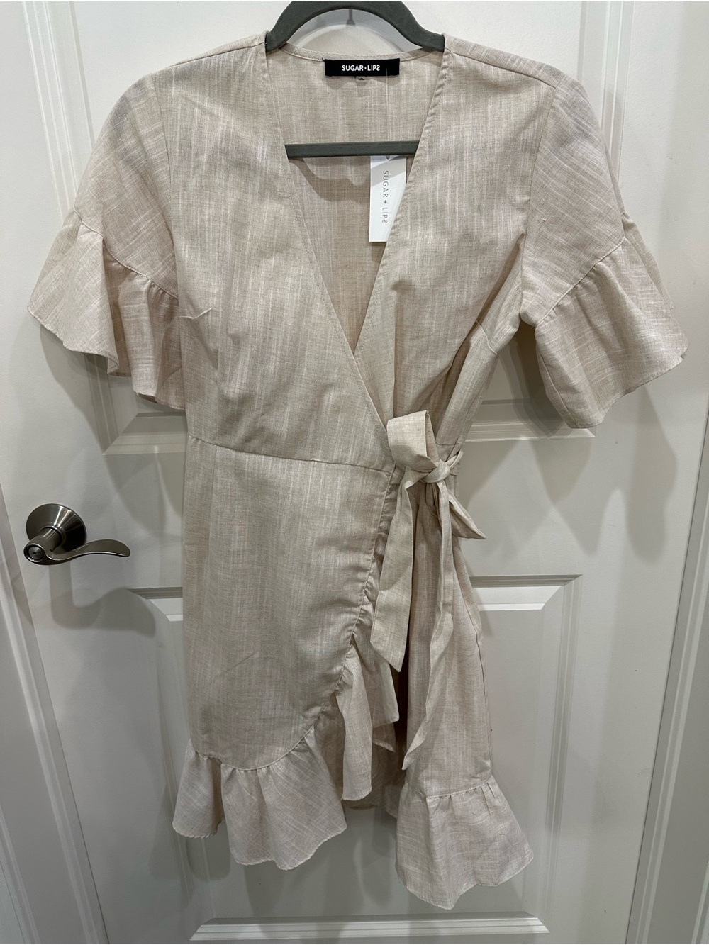 Sugarlips Neutral Beige Wrap Ruffle Mini Dress
